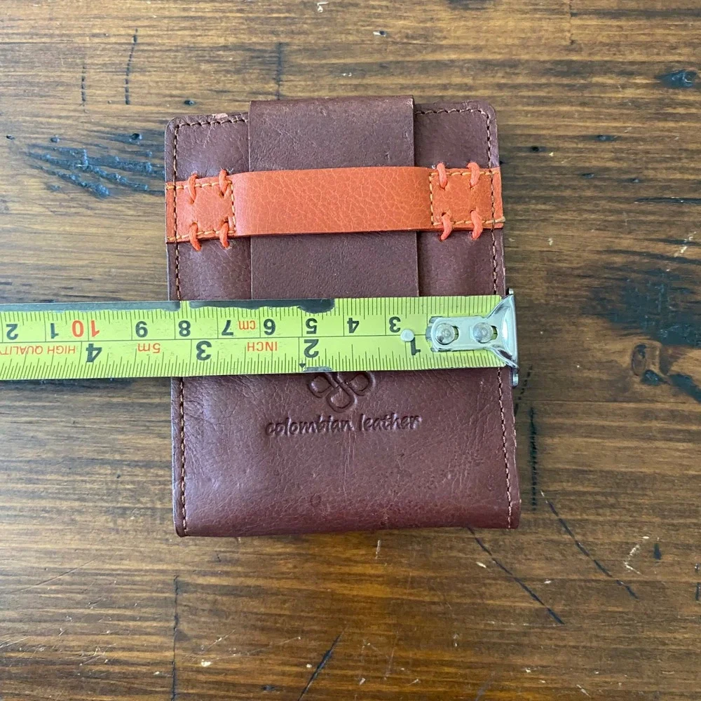 Colombian Leather Brown Bifold Wallet with Money Clip and Pull Tab Orange Accent